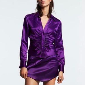 Zara Pleated Satin Effect Purple Button Down Blouse